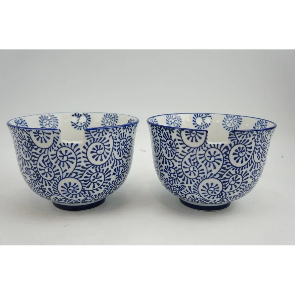 Royal Ramen Noodle Bowls Set of 2 Blue White Swirl Ceramic Chopstick Rest EUC